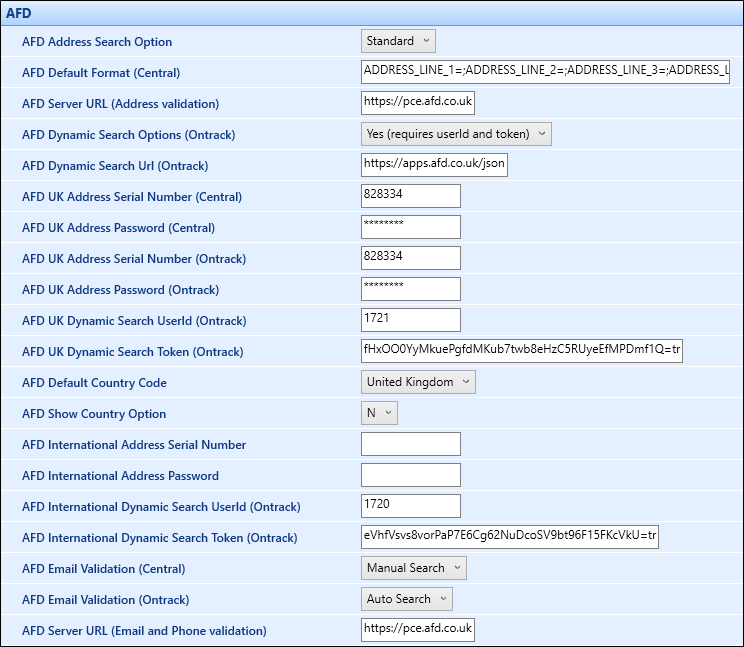 AFD institution settings screen